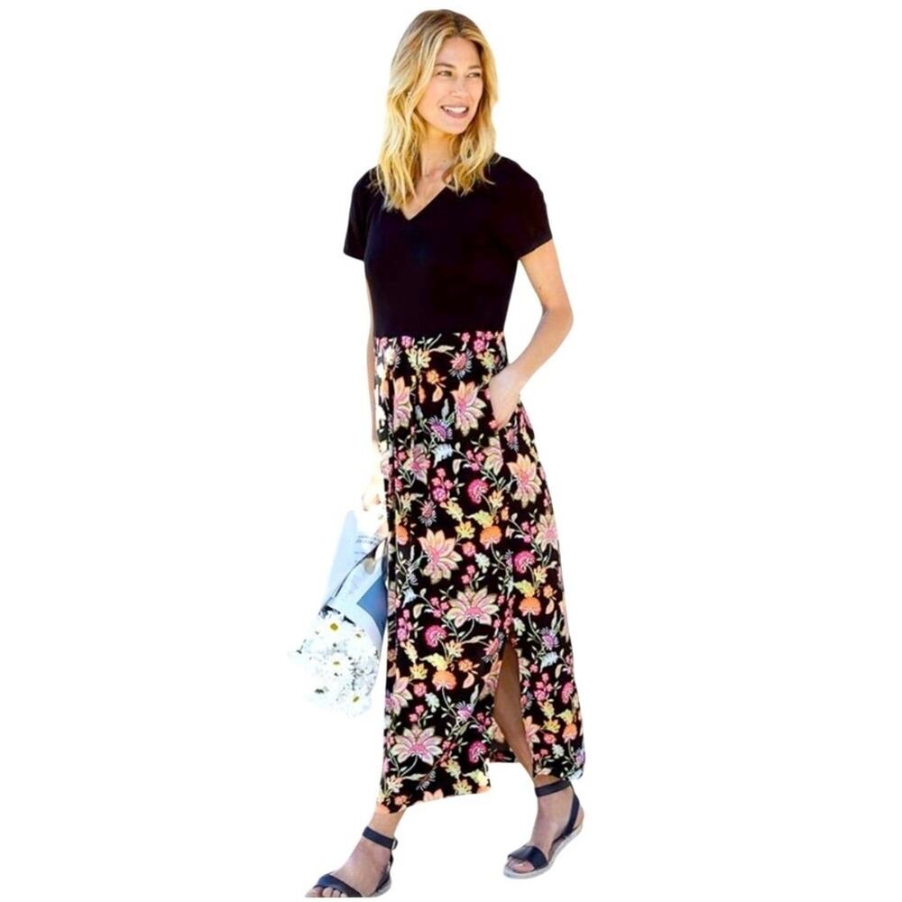 Nwot J. Jill Mixed-Media Floral Black Maxi Dress Size M V-Neck Side Slit Pocket